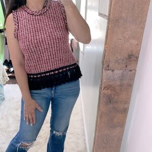 Zara Woman red and black tweed top with tassel hem size medium